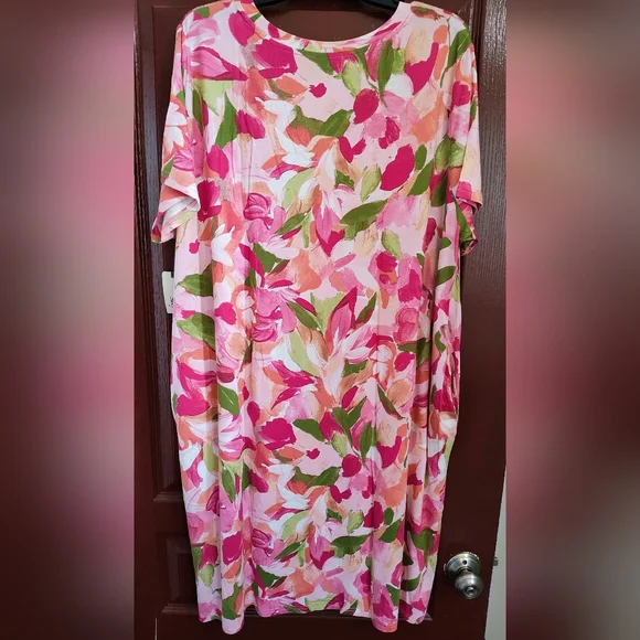 Terra & Sky Pink and Green Floral Tee Shirt Midi Dress, Size 2X/20W-22W  #103 - Picture 2 of 9